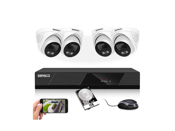 SANSCO PoE CCTV Security Camera System with 1TB Hard Drive, 4CH 2K NVR with (4) 5MP Outdoor IP Cameras, 2560x1920, Built-in Mic, AI Movement Detection