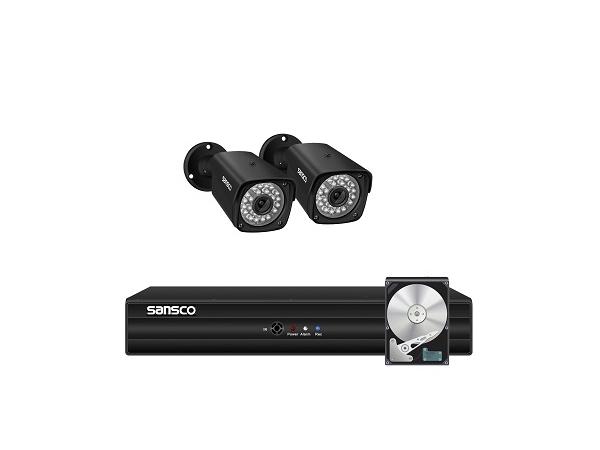 SANSCO 4 Channel 5MP DVR 1080P CCTV Camera System with 1TB HDD, 2x 2MP HD Waterproof Security Bullet Outdoor Cameras, Night Vision, Motion Detection, Remote Viewing, APP/Email Alert